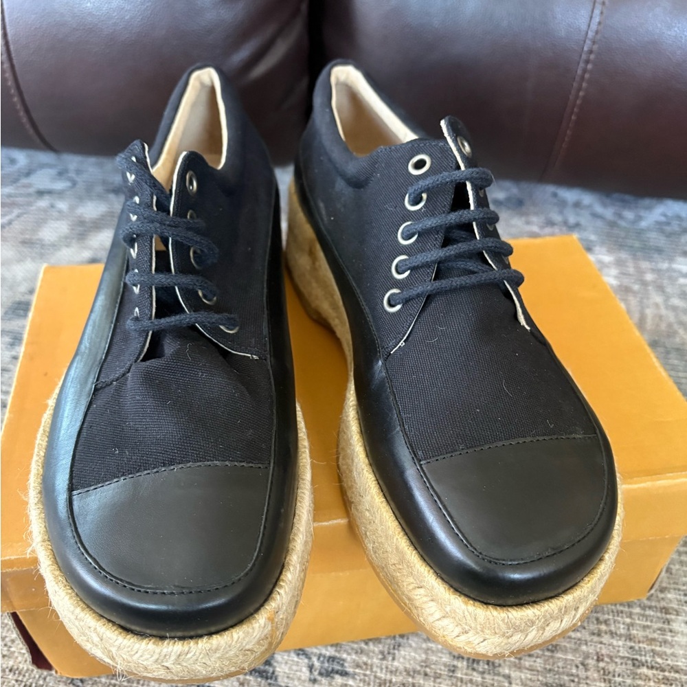 Madison Platform Espadrille Lace-Up Shoes Black Canvas Leather EU 40 US 9